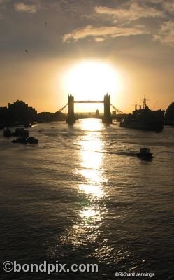 Sunrise through Tower Bridge in London, England