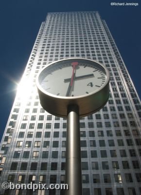 Clock and office tower at Canary Wharf in London, England