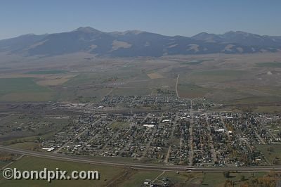 Aerial view of Deer Lodge in Montana, with Mount Powell