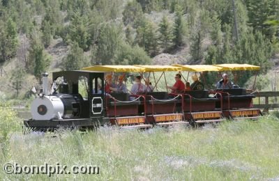 Alder Gulch Railroad engine C.A.Bovey arrives at the Wild West town of Virginia City in Montana