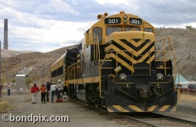 The Copper King Express and smelter stack on RARUS Railway in Anaconda, Montana