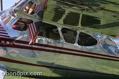 Gleaming chrome on the Cessna 195 aircraft at the annual fly in at Pogreba Field, Three Forks, Montana