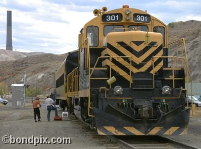 The Copper King Express and smelter stack on RARUS Railway in Anaconda, Montana